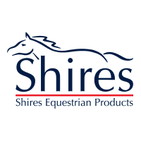 Shires Logo- Line drawing of a horse above company name in blue sans serif font