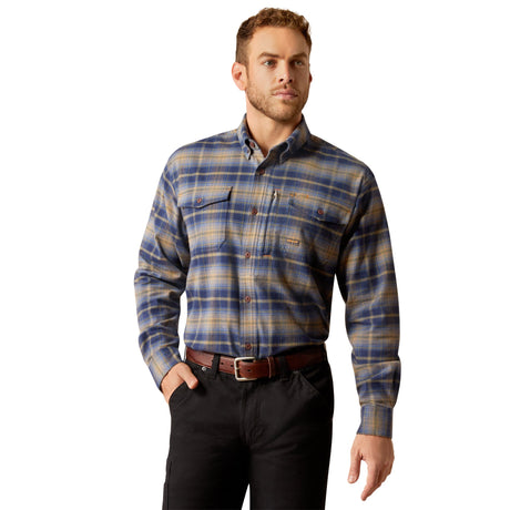 Ariat Men's Rebar Flannel DuraStretch Long Sleeve Work Shirt - Navy & Khaki #colour_navy